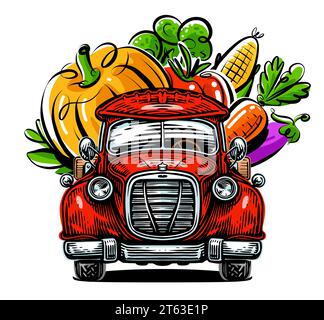 Retro-Pickup und frisches Gemüse. Bauernhof frische Bio-Lebensmittel, Vektor-Illustration Stock Vektor