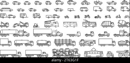 Große Sammlung Satz des einfachen Fahrzeugs schwarze Linie Liinework Silhouette Seitenansicht Symbol Vektor isoliert auf weißem Hintergrund Stock Vektor