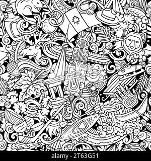 Skizzenhaftes Comic-Doodle-Muster mit einer Vielzahl von kanadischen Objekten und Symbolen, einschließlich Ahornblatt, Biber, Elch, Hockeyschläger, und Schnee. P Stock Vektor