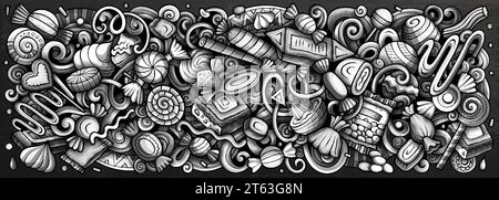 Cartoon Vektor Bonbons Doodle Illustration zeigt eine Vielzahl von süßen Lebensmitteln Objekte und Symbole. Einfarbiges, skurriles Bild. Stock Vektor