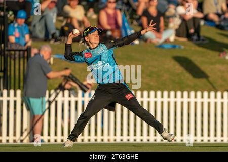 Adelaide, Australien. November 2023. Adelaide, Australien, 8. November 2023: Katie Mack (2 Adelaide Strikers) Felder während des Spiels der Weber Women's Big Bash League 09 zwischen Adelaide Strikers und Melbourne Renegades im Karen Rolton Oval in Adelaide, Australien (Noe Llamas/SPP). /Alamy Live News Stockfoto