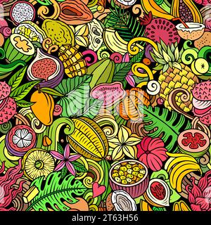 Comic-Vektor-Kritzeleien zum Thema exotische Früchte nahtloses Muster zeigt eine Vielzahl tropischer fruchtiger Objekte und Symbole. Skurril verspielt c Stock Vektor