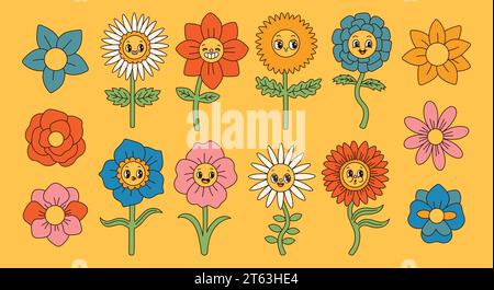 Groovy-Blumen-Set. Retro 70s Lächeln Blumen Grafikelemente isolierte Kollektion. Retro-Vintage-Blumen Stock Vektor