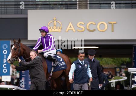 Ascot, Berkshire, Großbritannien. Oktober 2023. Horse Point Lonsdale, geritten von Jockey Ryan Moore, begibt sich auf die Rennstrecke für das QIPCO British Champion Stakes (Klasse 1) (British Champions Middle Distance) (Gruppe 1) auf der Ascot Racecourse am British Champions Day. Besitzer D Smith, J Magnier, M Tabor, Westerberg. Trainer Aidan O'Brien, Irland. Züchter Epona Bloodstock Ltd Kredit: Maureen McLean/Alamy Stockfoto