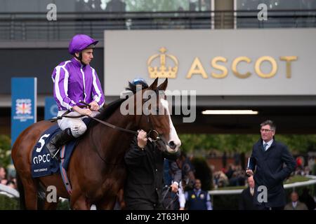 Ascot, Berkshire, Großbritannien. Oktober 2023. Horse Point Lonsdale, geritten von Jockey Ryan Moore, begibt sich auf die Rennstrecke für das QIPCO British Champion Stakes (Klasse 1) (British Champions Middle Distance) (Gruppe 1) auf der Ascot Racecourse am British Champions Day. Besitzer D Smith, J Magnier, M Tabor, Westerberg. Trainer Aidan O'Brien, Irland. Züchter Epona Bloodstock Ltd Kredit: Maureen McLean/Alamy Stockfoto