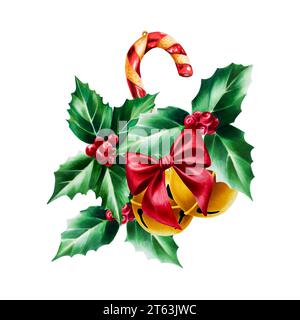 Goldene weihnachtsglocken mit roter Satinschleife und holly Beere und Zuckerrohr Illustration. Silvester-Symbol auf weißem Hintergrund. Für DE Stockfoto