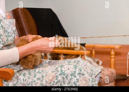 Nahaufnahme der Hände einer Frau, die gekonnt mit roher Wolle umgehen und mit einem drehenden Rad in einen Faden ziehen. Stockfoto