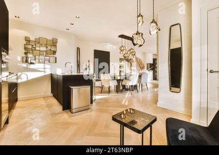 Esstisch und Stühle sind vor der modernen Küche in einem modernen weißen Apartment mit Dekor angeordnet Stockfoto