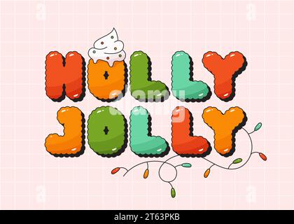 Weihnachtlicher grooviger Aufkleber Holly Jolly. Noel Girlande Spielzeug cremige Kappe. Stock Vektor