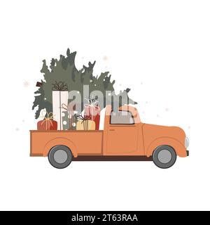 Weihnachtsorange Retro-Truck mit Weihnachtsbaum und Geschenkboxen stapeln sich auf weißem Hintergrund. Vintage Pickup Truck mit Tanne, Vektor Stock Vektor