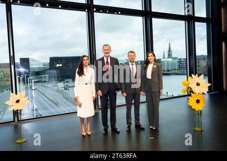 Kopenhagen, Mittwoch, 8. November 2023. König Felipe und Königin Felizia von Spanien sowie Kronprinz Frederik und Kronprinzessin Mary von Denmark besuchen das dänische Architekturzentrum in Kopenhagen am Mittwoch, 8. November 2023. Das spanische Königspaar ist auf einem dreitägigen Staatsbesuch in Dänemark Stockfoto