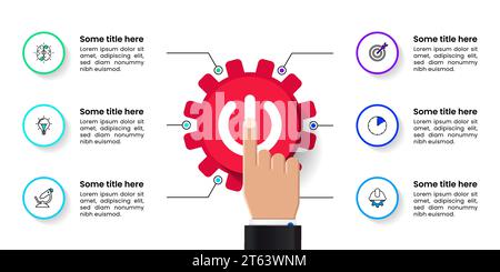 Infografik-Vorlage mit Symbolen und 6 Optionen oder Schritten. Roter Netzschalter. Kann für Workflow-Layout, Diagramm, Banner und Webdesign verwendet werden. Vektorillustra Stock Vektor