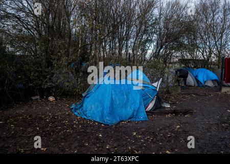 Michael Bunel/Le Pictorium - November 2016, Evakuierung des Dschungels von Calais - 02/12/2021 - France/Haut de France/Calais - Besuch eines eritreischen Flüchtlingslagers mit Marlene Schiappa, Delegierte der Ministerin für Staatsbürgerschaft, bei einem Besuch in Calais. Vor einer Woche wurden 27 Flüchtlinge getötet, als ein Boot bei dem Versuch, Großbritannien zu erreichen, sank. Dezember 2021. Calais, Frankreich. Im November 2016 wurde der „Dschungel“ von Calais, dem größten Sluttenviertel Europas, evakuiert. Fünf Jahre später sind die Exilanten auf der Straße nach Großbritannien noch dort und es werden regelmäßig Lager zwischen Calais und Grande-Synthe angelegt Stockfoto