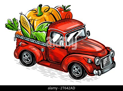 Mit frischem Gemüse beladener Farmwagen. Bio-Lebensmittel, Vektorillustration Stock Vektor