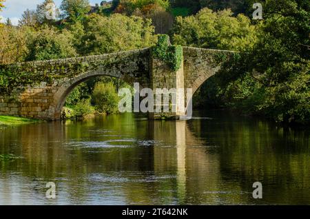 Mittelalterliche Steinbrücke über den Fluss Arnoia in der Stadt Allariz. Provinz Ourense. Galicien, Spanien Stockfoto