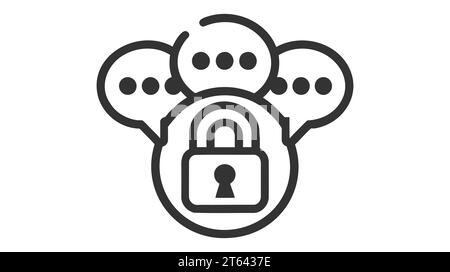 Ein einfaches schwarzes Symbol für sichere Gespräche, mit einem Vorhängeschloss, das Verschlüsselung oder Datenschutz in digitaler Kommunikation symbolisiert. Stock Vektor