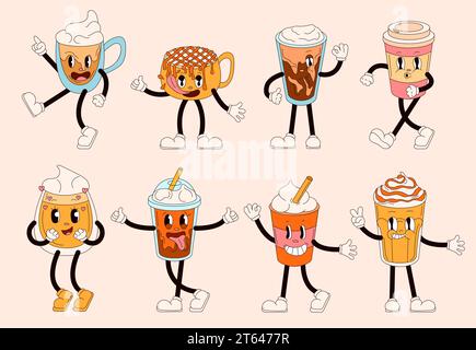 Groovige Drinks-Charaktere im Retro-Cartoon-Stil. Comic-Figuren in Form von Kaffeetasse, Cappuccino, Latte mit fröhlichen Gesichtern. Vektor Stock Vektor