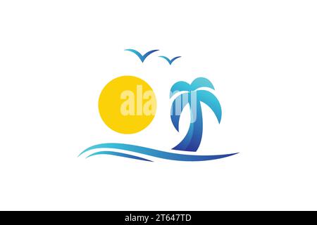 Naturstrand Urlaub, Welle und Sonne mit Palmenvektor Logo Design Stock Vektor