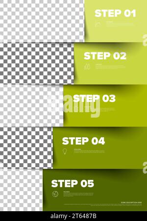Farbenfrohe grüne Vorlage mit fünf Fortschrittsschritten aus Streifen mit Beschreibungen und Symbolen. Einfache Infografik-Vorlage mit gefaltetem Papierstreifen mit fünf Elementen Stock Vektor