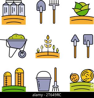 Symbole für die Landwirtschaft eingestellt. Farb-Vektorsymbole für Landwirtschaft. Symbole, Logos Illustrationssatz. Einfache Vektorgrafiken. Stock Vektor