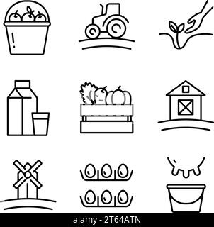 Satz von Symbolen für Vektorlinien, die sich auf Landwirtschaft beziehen. Enthält solche Scheune, landwirtschaftliche Maschinen, Viehzucht, Gartenbau und vieles mehr. Landwirtschaft und f Stock Vektor