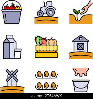 Satz von Vektorfarbsymbolen für Landwirtschaft. Enthält solche Scheune, landwirtschaftliche Maschinen, Viehzucht, Gartenbau und vieles mehr. Landwirtschaft und Stock Vektor