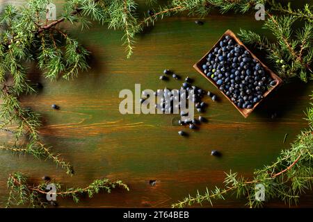 Äste und Samen von Wacholder auf einem alten Holzhintergrund. Draufsicht mit Kopierbereich. Stockfoto