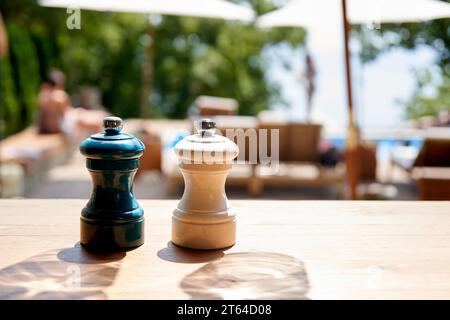 Salz- und Pfefferstreuer nebeneinander. Sie sind isoliert und stehen für sich, auf einem Tisch in einem Restaurant, draußen. Ein schickes Restaurant mit Liegestühlen und einem Swimmingpool ist im Hintergrund abgebildet. Kopieren Sie den Bereich. Stockfoto