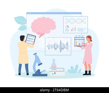 Medizinische Hirnstudie, neurologische Vektorillustration. Cartoon Tiny People erforschen menschliche Gehirnanatomie auf Diagramm, Neurologen testen Nerven und Nervensystem während der medizinischen Untersuchung im Krankenhaus Stock Vektor