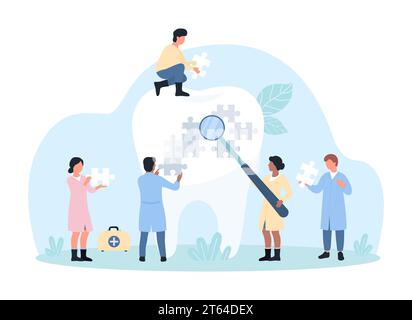 Zahnbehandlung, zahnmedizinische Vektorillustration. Cartoon winzige Zahnärzte behandeln empfindlichen Zahnschmelz, Menschen halten Puzzleteile, um Teile zu verbinden und Patienten Zahnprobleme mit Zähnen zu lösen Stock Vektor