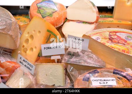 Turin, Piemont, Italien. - 08-09-2023 Regal mit traditionellem italienischem Käse auf dem Markt Stockfoto