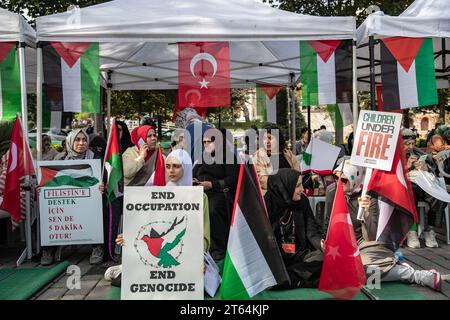 Istanbul, Türkei. November 2023. Frauen mit Plakaten und Fahnen nehmen an einem Sit-in-Protest Teil. Die Solidaritätsinitiative mit palästinensischen Frauen wird am 8. Tag des 15-tägigen Sit-in-Protestes auf dem Sultanahmet-Platz fortgesetzt. Quelle: SOPA Images Limited/Alamy Live News Stockfoto