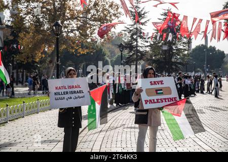 Istanbul, Türkei. November 2023. Weibliche Demonstranten auf dem Sultanahmet-Platz halten während eines Sit-in-Protestes Plakate mit den Aufschriften "Killer Israel" und "Rettet Palästina". Die Solidaritätsinitiative mit palästinensischen Frauen wird am 8. Tag des 15-tägigen Sit-in-Protestes auf dem Sultanahmet-Platz fortgesetzt. Quelle: SOPA Images Limited/Alamy Live News Stockfoto