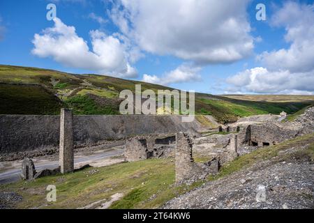 Die Überreste der verlassenen Bleimine Old Gang in Swaledale in der Nähe des Dorfes Gunnerside in den North Yorkshire Dales. Stockfoto