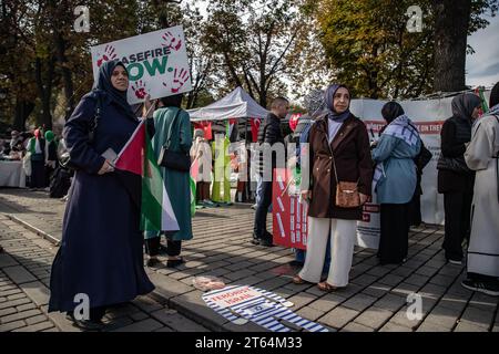 Istanbul, Türkei. November 2023. Eine Zeichnung, die eine am Boden liegende Person mit dem Bild des israelischen Premierministers Benjamin Netanjahu und den Worten Terrorist Israel darstellte, wurde während eines Sit-in-Protestes gesehen. Die Solidaritätsinitiative mit palästinensischen Frauen wird am 8. Tag des 15-tägigen Sit-in-Protestes auf dem Sultanahmet-Platz fortgesetzt. (Foto: Onur Dogman/SOPA Images/SIPA USA) Credit: SIPA USA/Alamy Live News Stockfoto