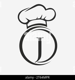 Letter J Restaurant-Logo-Vorlage. Restaurant-Logo-Konzept mit Kochhut-Symbol-Vektorschild Stock Vektor