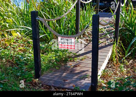 Ein Schild mit der Aufschrift Private Property No Trespassing an einem Seil an einem kleinen Steg an der Themse, Surrey England, Großbritannien Stockfoto