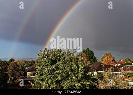 Regenbogen bildet sich vor einem grauen Himmel mit Baumkronen im Vordergrund Stockfoto
