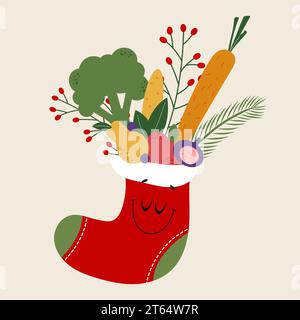 Lächelnder Weihnachtsstrumpf voller Obst und Gemüse. Gesundes Neujahrsvektor-Design. Isoliert auf beigefarbenem Hintergrund. Stock Vektor