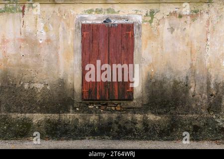 Geschlossene Fensterläden aus Holz an einer alten abgenutzten Zementwand Stockfoto