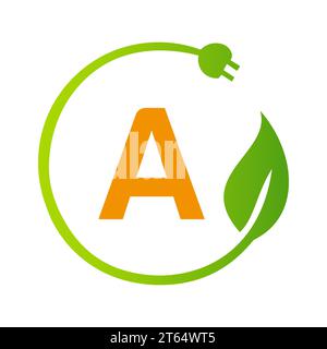 Logovorlage „Letter A Green Energy Electrical Plug“. Elektrisches Steckerzeichen Konzept mit umweltfreundlichem Vektorschild Stock Vektor