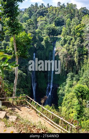 Der Sekumpul-Wasserfall, ein großer Wasserfall mitten im Dschungel, der in eine tiefe grüne Schlucht eintaucht. Bäume und tropische Pflanzen bei Bali's Stockfoto