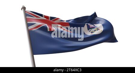 Falklandinseln Flagge, die isoliert auf weißem transparentem Hintergrund schwenkt, Stockfoto