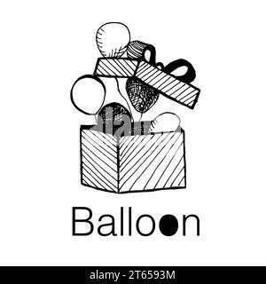 Kombiniertes Ballon-Logo für Kinder- und Erwachsene-Partys. Geschenkbox mit Ballons. Vektor Stockfoto