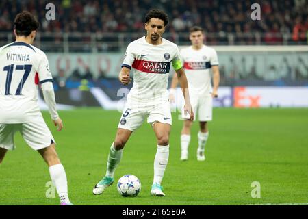 Mailand, Italie. November 2023. Marquinhos von PSG während der UEFA Champions League, Gruppenspiel F zwischen dem AC Mailand und Paris Saint-Germain am 7. November 2023 im San Siro Stadion in Mailand, Italien - Foto Jean Catuffe/DPPI Credit: DPPI Media/Alamy Live News Stockfoto