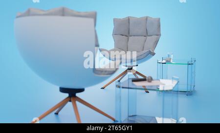 Schön aussehender 3D-Interviewstuhl vor blauem Hintergrund. Stockfoto