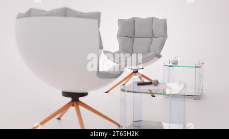 Schön aussehender 3D-Interviewstuhl vor blauem Hintergrund. Stockfoto