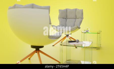 Schön aussehender 3D-Interviewstuhl vor blauem Hintergrund. Stockfoto