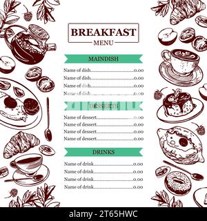 Tasse Kaffee, Teekanne, Croissant, Donut, Khachapuri, Rührei. Vektor-Illustration zum Frühstück. Menügestaltung für Cafés, Restaurants, Bars. Stock Vektor