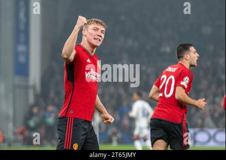 Kopenhagen, Dänemark. November 2023. Rasmus Højlund von Manchester Utd feiert Ein Torspiel zwischen dem FC Kopenhagen und Manchester United in Parken in Kopenhagen, Dänemark am 8. November 2023 (Foto: Andrew SURMA/ Credit: SIPA USA/Alamy Live News) Stockfoto